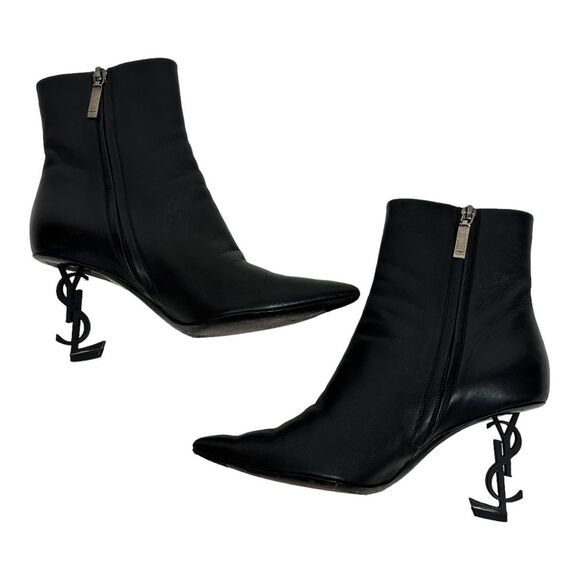 YSL Yves Saint Laurent OPYUM Logo Heel Boots Ankle Booties Black 36 5.5 6 - Picture 3 of 15